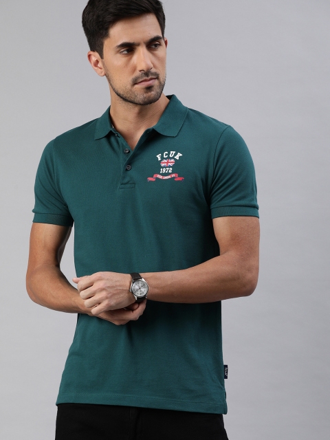

French Connection Men Teal Green Slim Fit Solid Polo Collar Pure Cotton T-shirt