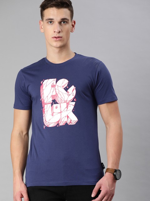 

French Connection Men Navy White Pure Cotton Brand Logo Print Round Neck Pure Cotton T-shirt, Blue