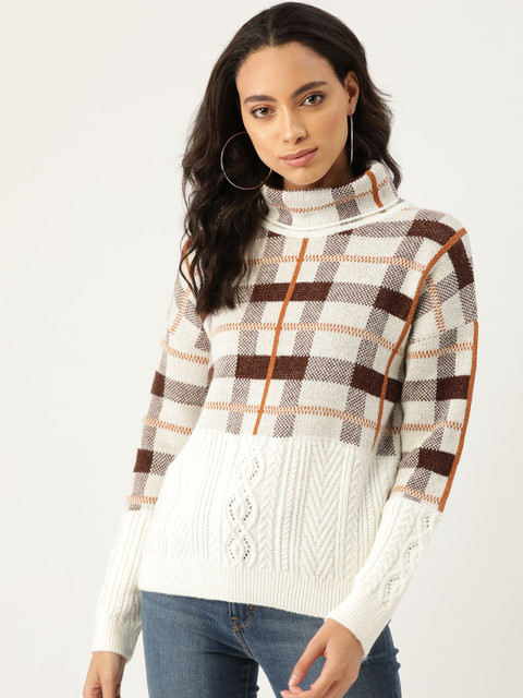

Madame Women White & Brown Checked Pullover Sweater