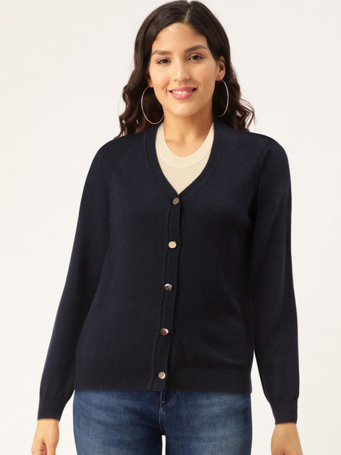 

Madame Women Navy Blue Solid Cardigan Sweater