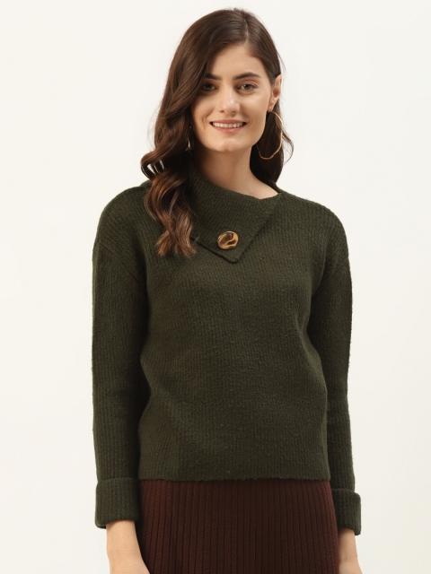 

Madame Women Olive Green Ribbed Statement Neck Pullover
