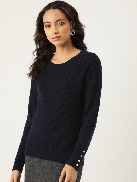 

Madame Women Navy Blue Self Design Pullover