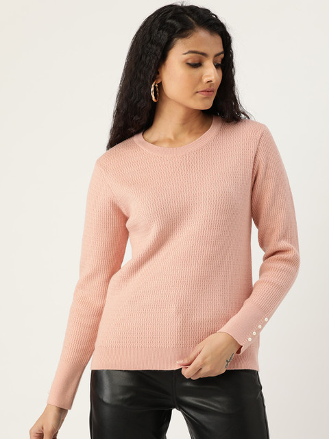 

Madame Women Peach-Coloured Self Design Pullover