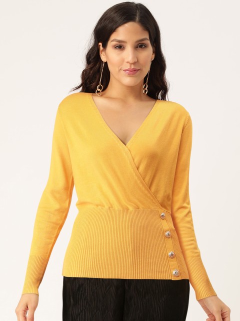 

Madame Women Mustard Yellow Knitted Solid Wrap Top