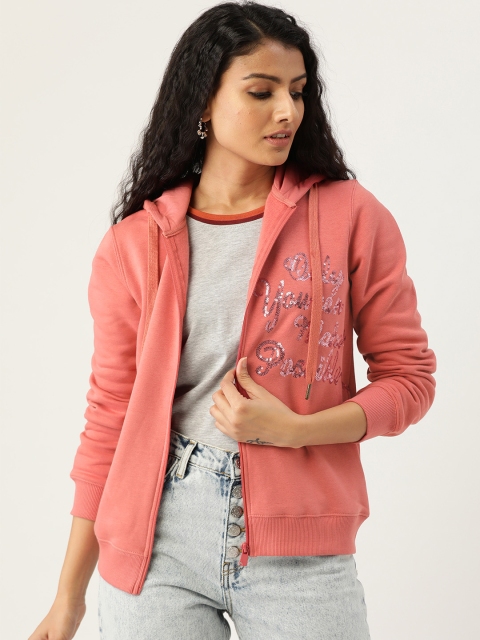 

Madame Women Peach-Coloured Embellished Hooded Sweatshirt