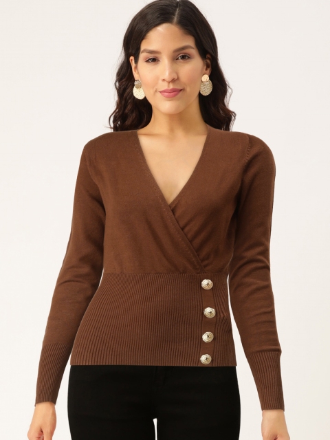 

Madame Women Coffee Brown Knitted Solid Wrap Top