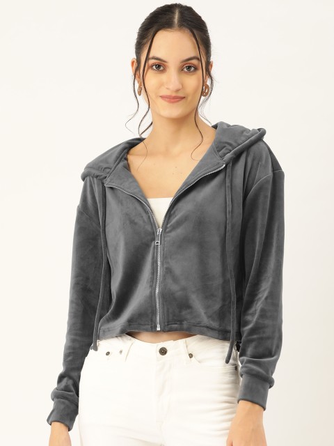 

COVER STORY Women Charcoal Grey Solid Hooded Crop Sweatshirt