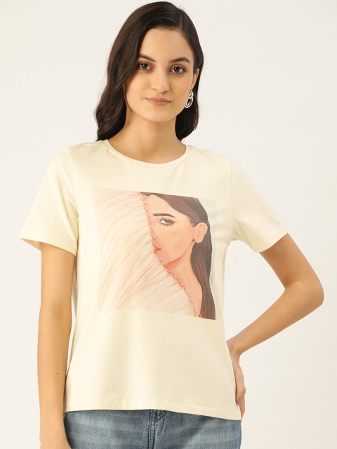 

COVER STORY Women Cream-Coloured & Peach-Coloured Printed Round Neck T-shirt