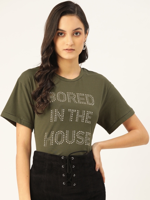 

COVER STORY Women Olive Green & Golden Studded Round Neck T-shirt