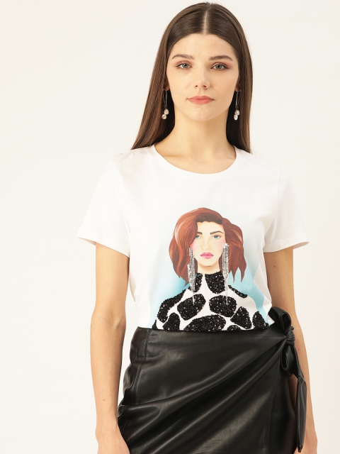 

COVER STORY Women White & Black Printed Round Neck T-shirt