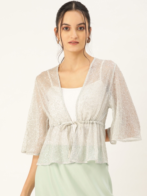 

COVER STORY Women Grey Embelished Sheer Tie-Up Shrug