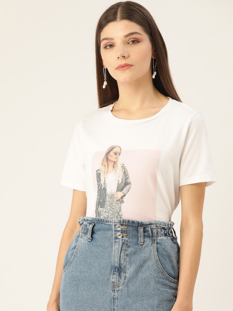 

COVER STORY Women White & Pink Printed Round Neck T-shirt