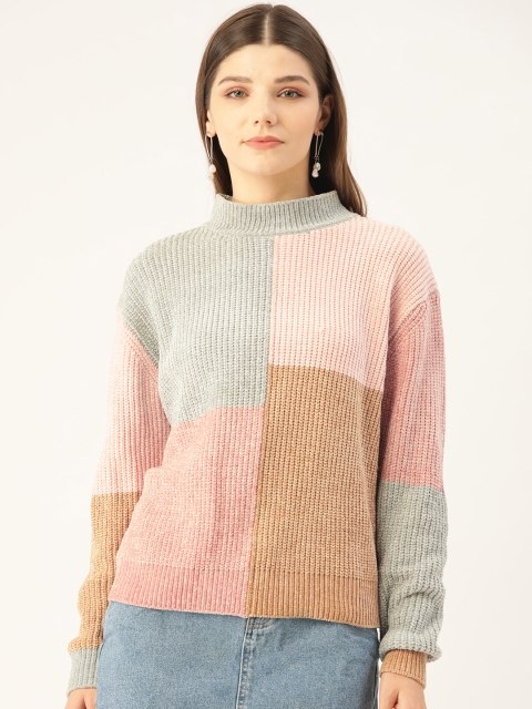 

COVER STORY Women Pink & Grey Melange Colourblocked Ribbed Pullover Sweater