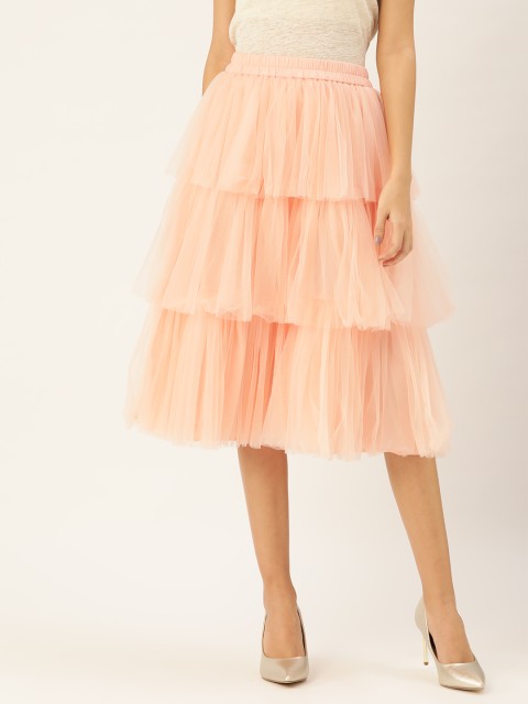 

COVER STORY Women Pink Solid Frilly Tiered Midi Skirt