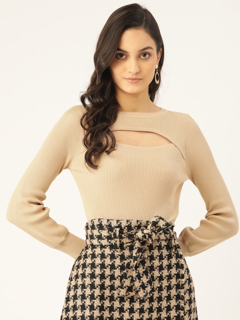 

COVER STORY Women Beige Ribbed Cut-Out Winter Top