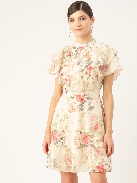 

COVER STORY Women Cream-Coloured & Pink Floral Print A-Line Dress