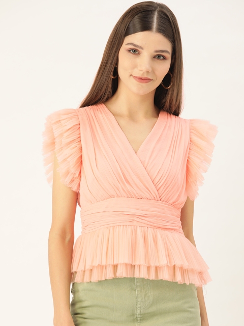 

COVER STORY Women Peach-Coloured Frilled Solid Cinched Waist Top