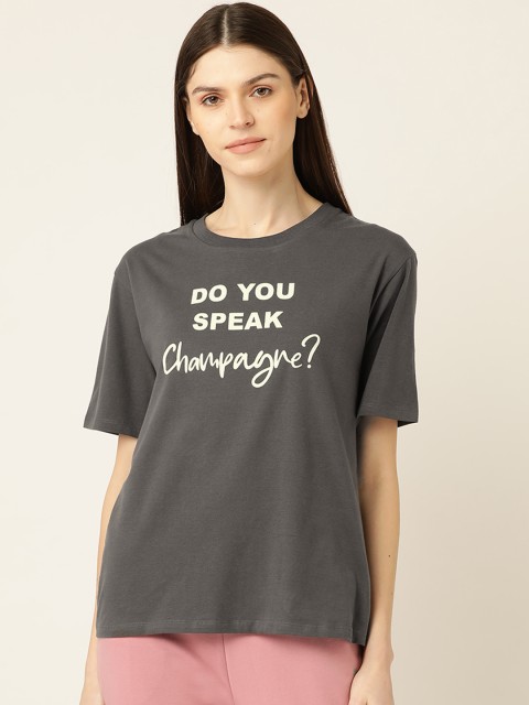 

COVER STORY Women Charcoal Grey & White Printed Round Neck Lounge T-shirt