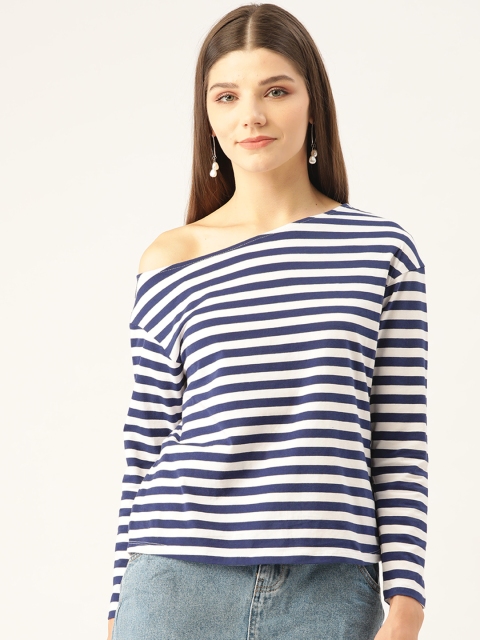 

COVER STORY Women Navy Blue & White One-Shoulder Striped Top