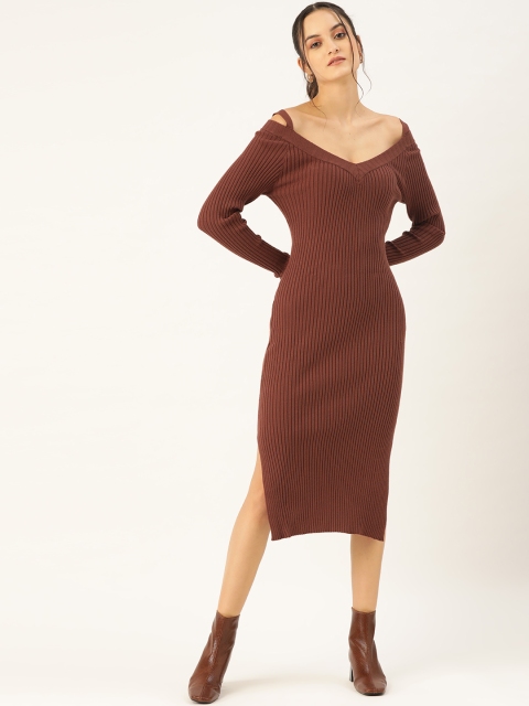 

COVER STORY Women Brown Ribbed Cold-Shoulder Sweater Dress