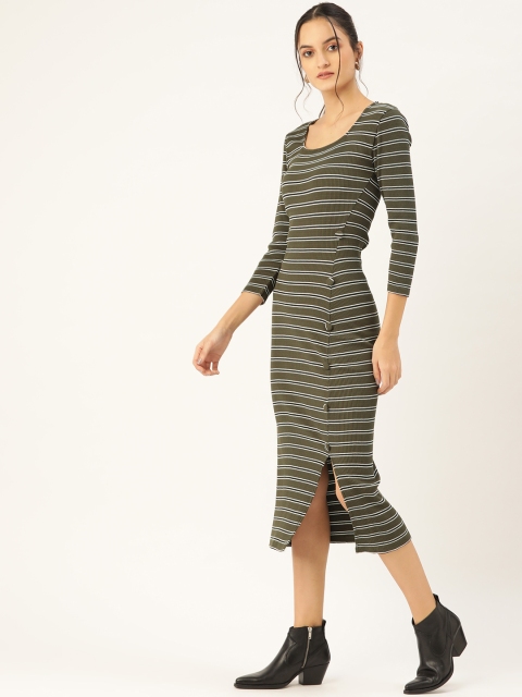 

COVER STORY Women Olive Green & White Striped Bodycon Dress