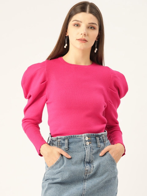 

COVER STORY Women Fuchsia Pink Solid Puff Sleeve Pullover Sweater