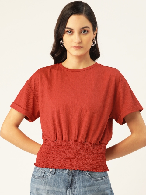 

COVER STORY Women Rust Red Solid Smocked Cinched Waist Top