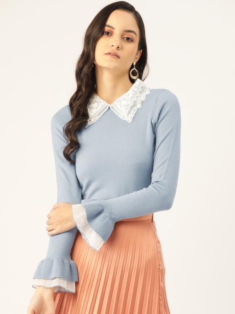 

COVER STORY Women Blue Solid Lace Detail Pullover Sweater
