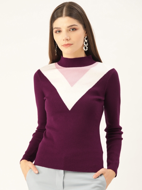 

COVER STORY Women Aubergine & White Colourblocked Pullover Sweater, Purple