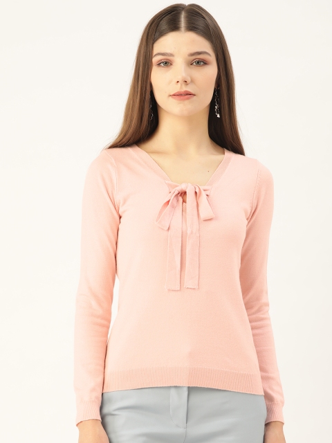 

COVER STORY Women Pink Solid Tie Neck Pullover Sweater