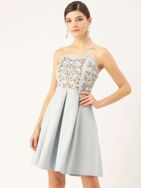 

COVER STORY Women Blue & Green Embroidered Strapless Fit & Flare Dress