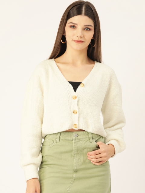 

COVER STORY Women Off-White Solid Fuzzy Cardigan Sweater