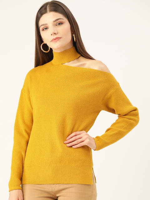 

COVER STORY Women Mustard Yellow Ribbed Shoulder Cut-Out Pullover Sweater