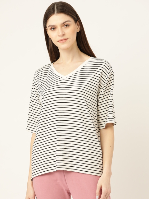 

COVER STORY Women White & Black Loose Fit Striped V-Neck Lounge T-shirt
