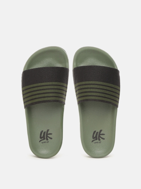 

YK Girls Black & Olive Green Striped Sliders