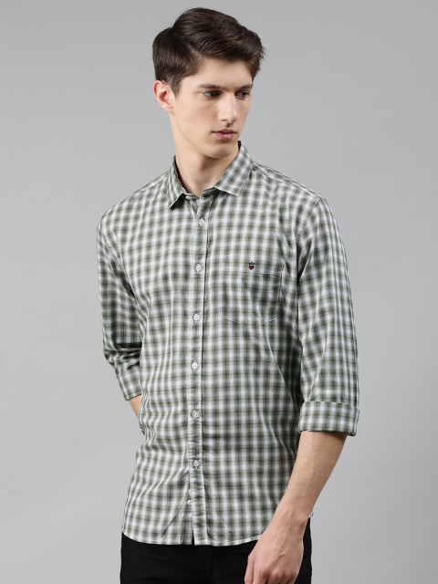

Louis Philippe Jeans Men Olive Green & White Slim Fit Checked Casual Shirt