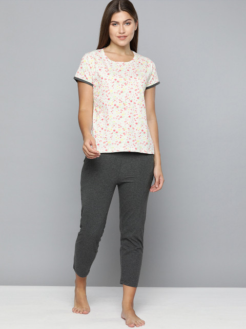 

HERE&NOW Women Off-White & Charcoal Grey Printed Night suit