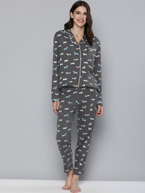 

HERE&NOW Women Grey & White Printed Night suit