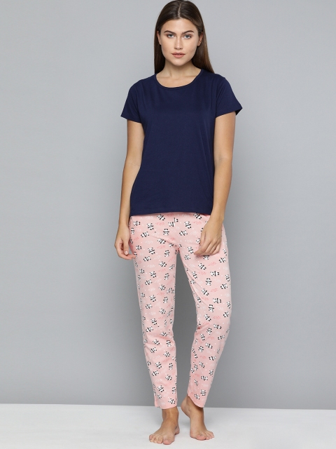 

HERE&NOW Women Navy Blue & Pink Solid Night suit