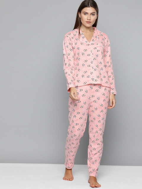

HERE&NOW Women 2Pc Peach-Coloured & Black Printed Night suit