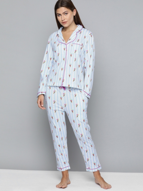 

HERE&NOW Women 2 Pc White & Blue Printed Night suit