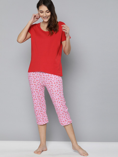 

HERE&NOW Women 2 Pc Red & Pink Solid Night Suit Set