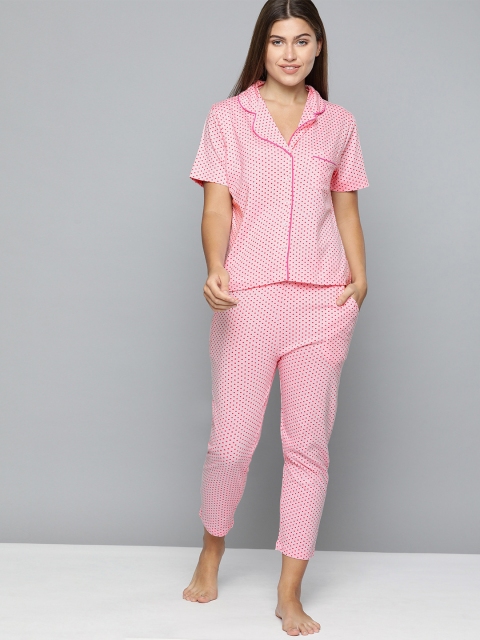 

HERE&NOW Women 2 Pc Pink Polka Dots Printed Night suit