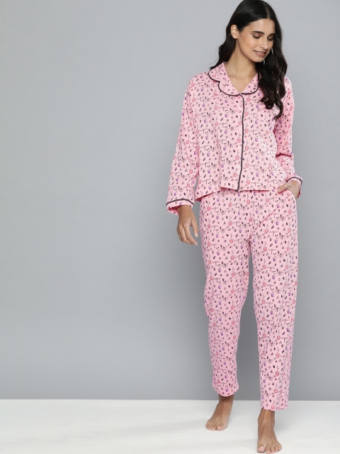 

HERE&NOW Women Pink & Black Printed Night suit