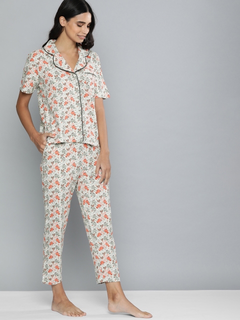 

HERE&NOW Women Grey & Orange Printed Night suit