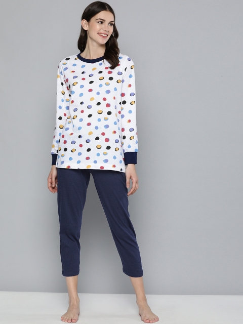 

HERE&NOW Women White & Navy Blue Printed Night suit