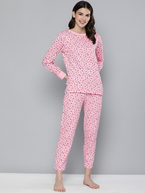 

HERE&NOW Women Pink & Black Printed Night suit