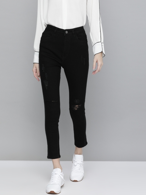 

Mast & Harbour Women Black Super Skinny Fit High-Rise Low Distress Stretchable Jeans