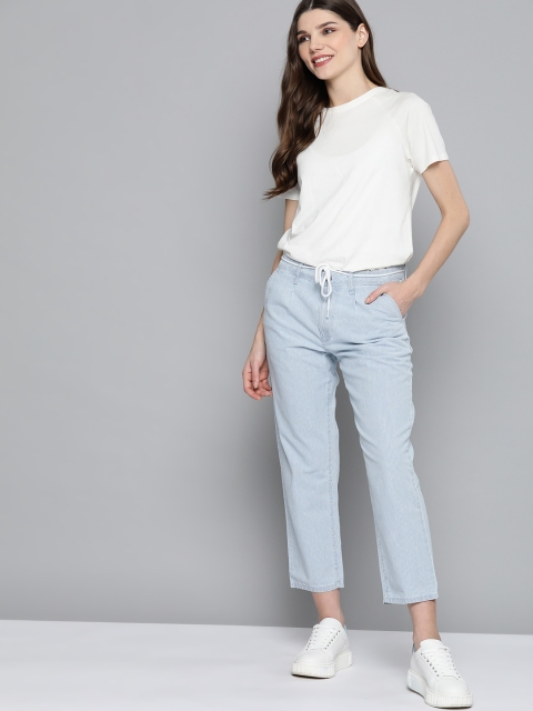 

Mast & Harbour Women Blue & White Striped Straight Fit Mid-Rise Clean Look Cropped Jeans