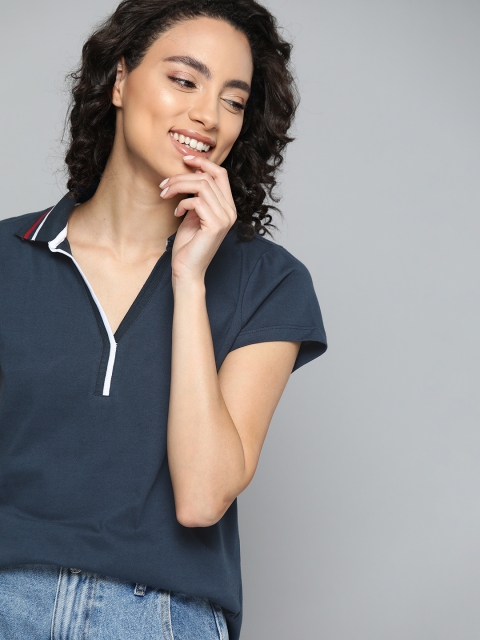 

Mast Harbour Women Navy Blue Solid Pure Cotton Polo Collar Pure Cotton T-shirt
